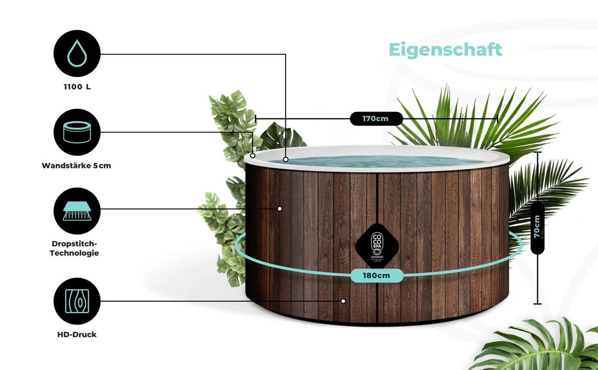 POOL Hawaii – 180 cm Durchmesser – 1100 Liter – Echtholz-Optik - Braun, Kunststoff (180/70/70cm) - COCO SPA