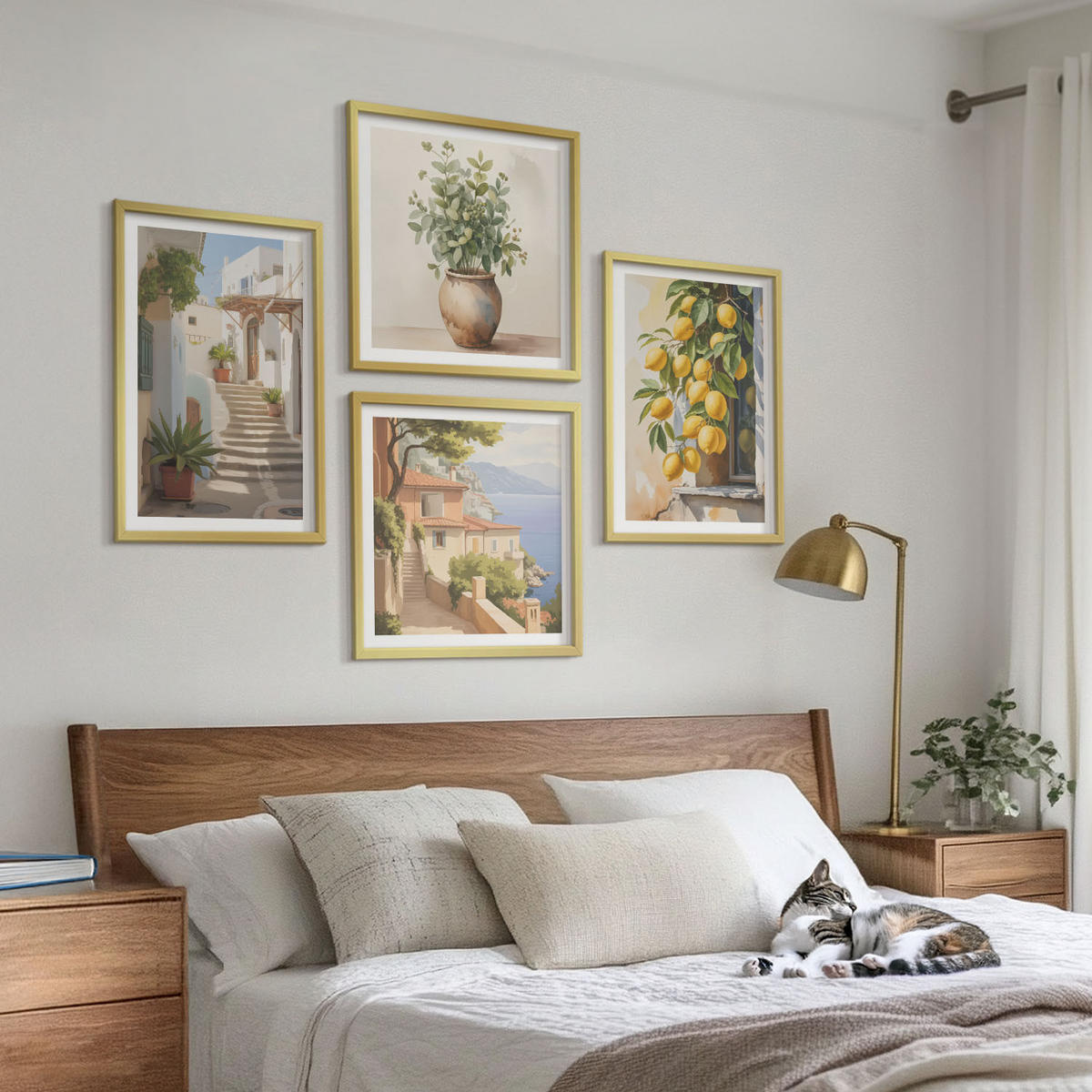 WANDBILDER 4er Set - 50x50 cm & 40x60 cm Goldrahmen - Zitronenblumen im Topf, Straßen - Goldfarben, Kunststoff (50/50cm) - ArtPrintCave