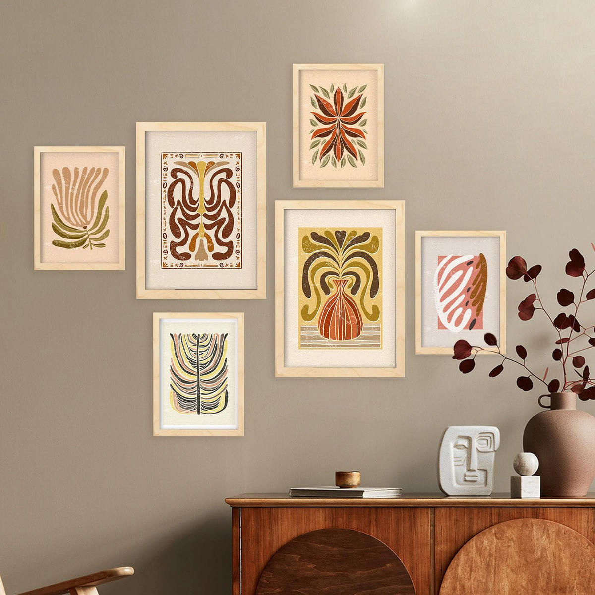 POSTER Set Mit 6 Drucken Von Stielen In Der Sammlung Ethnischer Style Drucke Dekorative Für Zuhause Wandkunstdruck A3 & A4 Rahmen Aus Hellem Holz - Beige, Papier (29/3cm) - Nacnic