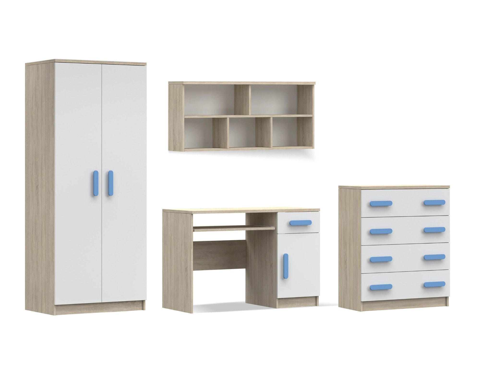 KINDERZIMMER-SET INGE III 4-teilig Weiß+Sonoma/Blau - Blau/Weiß, Holzwerkstoff (270/193/50cm) - Deine Möbel 24