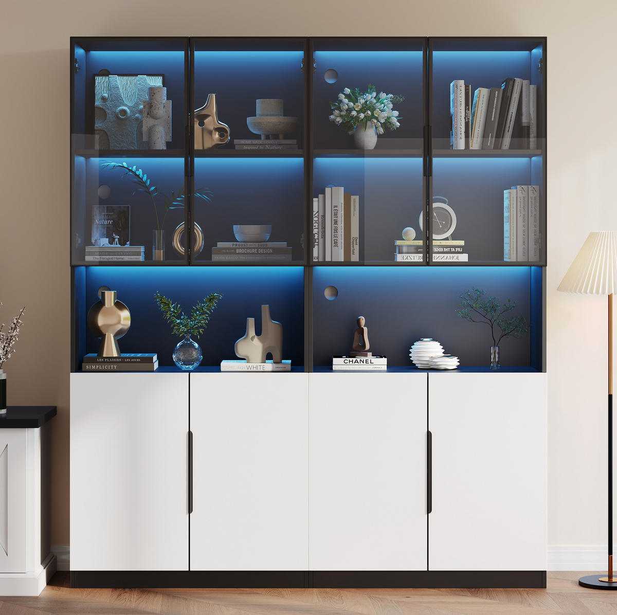 VITRINE 160/30/200 cm aus Spanplatte mit LED-Beleuchtung und Glastüren Weiß/Schwarz - Weiß, Holzwerkstoff (30/200/160cm) - Modenvie