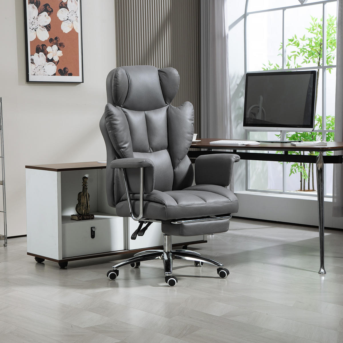 BÜROSTUHL mit Liegefunktion, ergonomisch Schreibtischstuhl, Drehstuhl Dunkelgrau - Chromfarben/Dunkelgrau, Textil/Metall (65/128/74cm) - HOMCOM