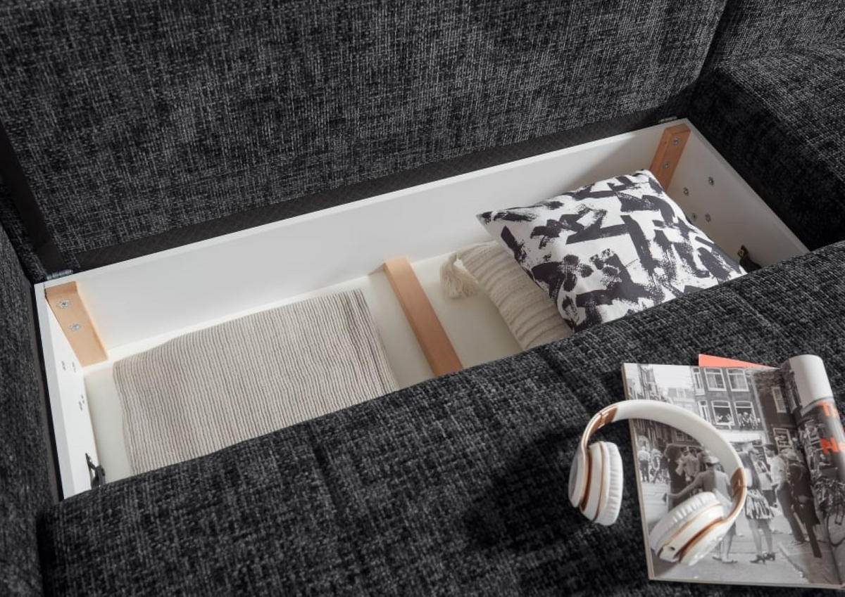ECKSOFA beidseitig montierbar, Schlaffunktion mit Bettkasten - Anthrazit/Schwarz, Textil/Metall (281/189cm) - ed exciting design