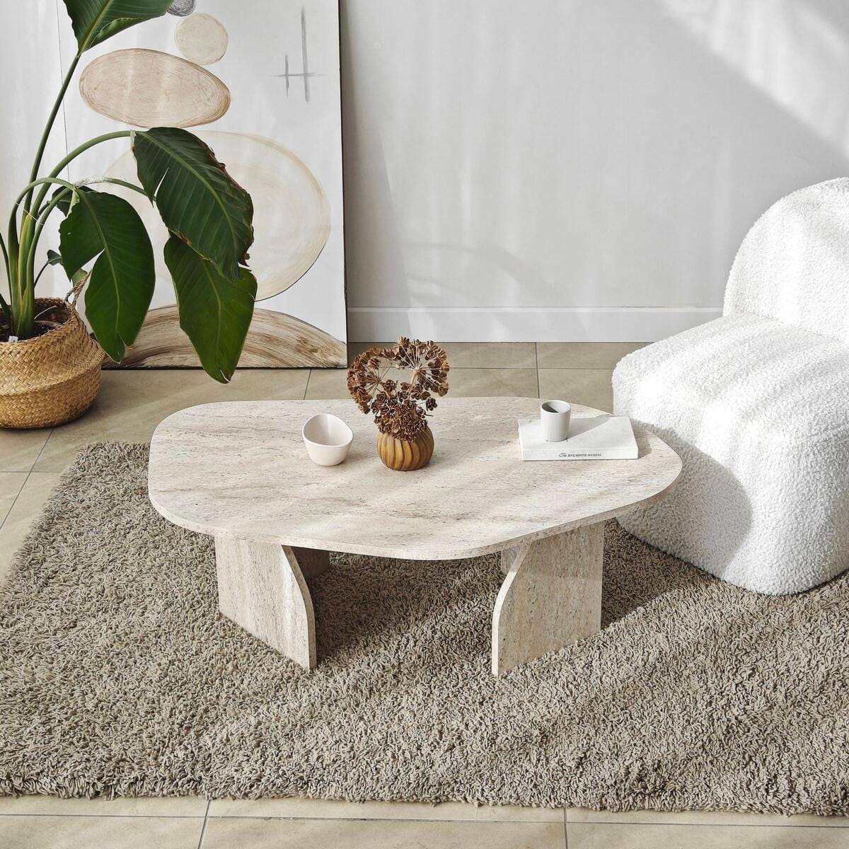 COUCHTISCH mit organisch geformter Tischplatte und breiten Beinen 100/60/35 cm - Beige, Holzwerkstoff (66/60/35cm) - Calicosy