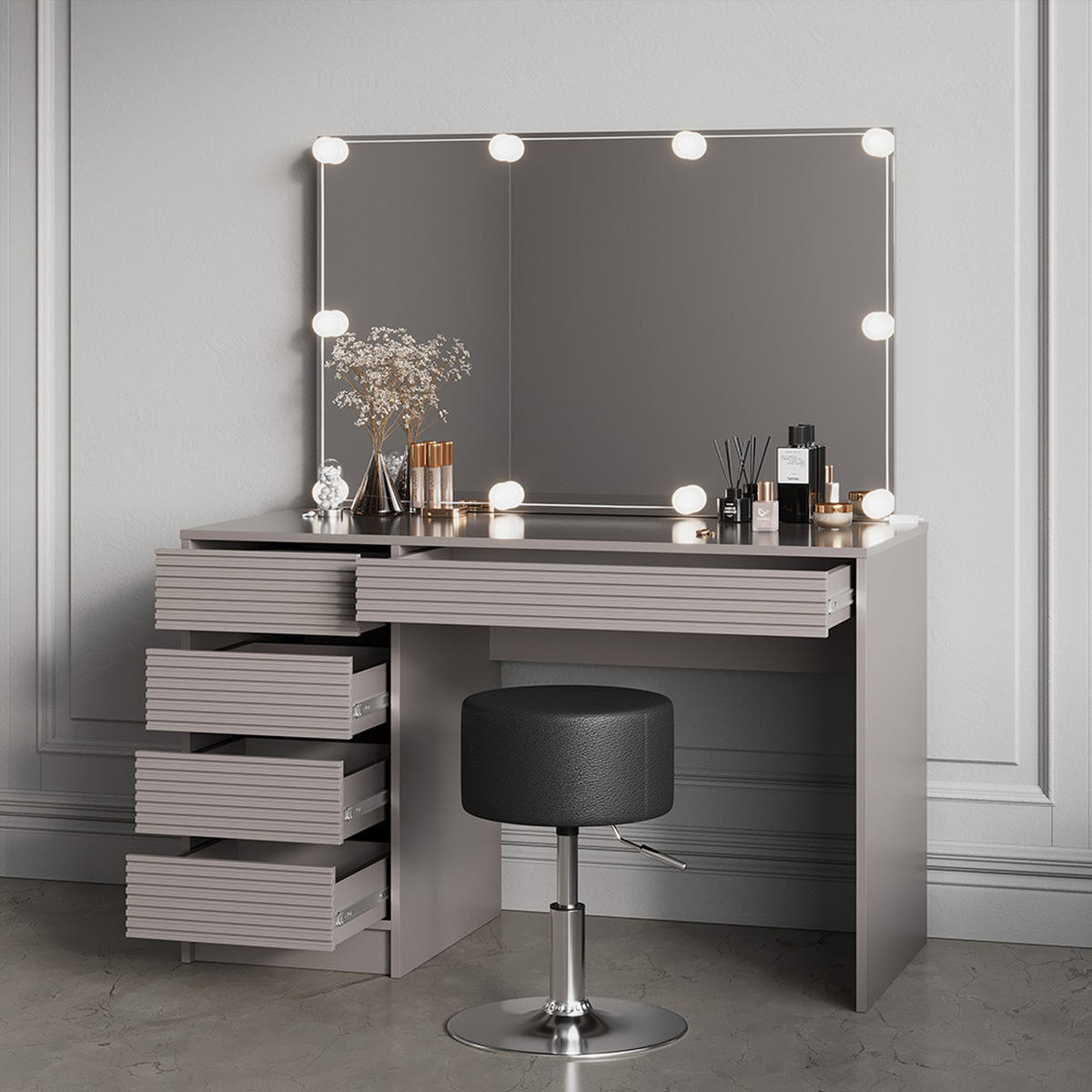 SCHMINKTISCH Imola Cashmere mit LED Beleuchtung und Hocker - Kaschmir, Holzwerkstoff (120/75/55cm) - Livinity®