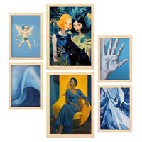 POSTER Set Mit 6 Beruhige Blues In Vielseitiger A3 & A4 Rahmen Aus Hellem Holz - Beige, Papier (29/3cm) - Nacnic