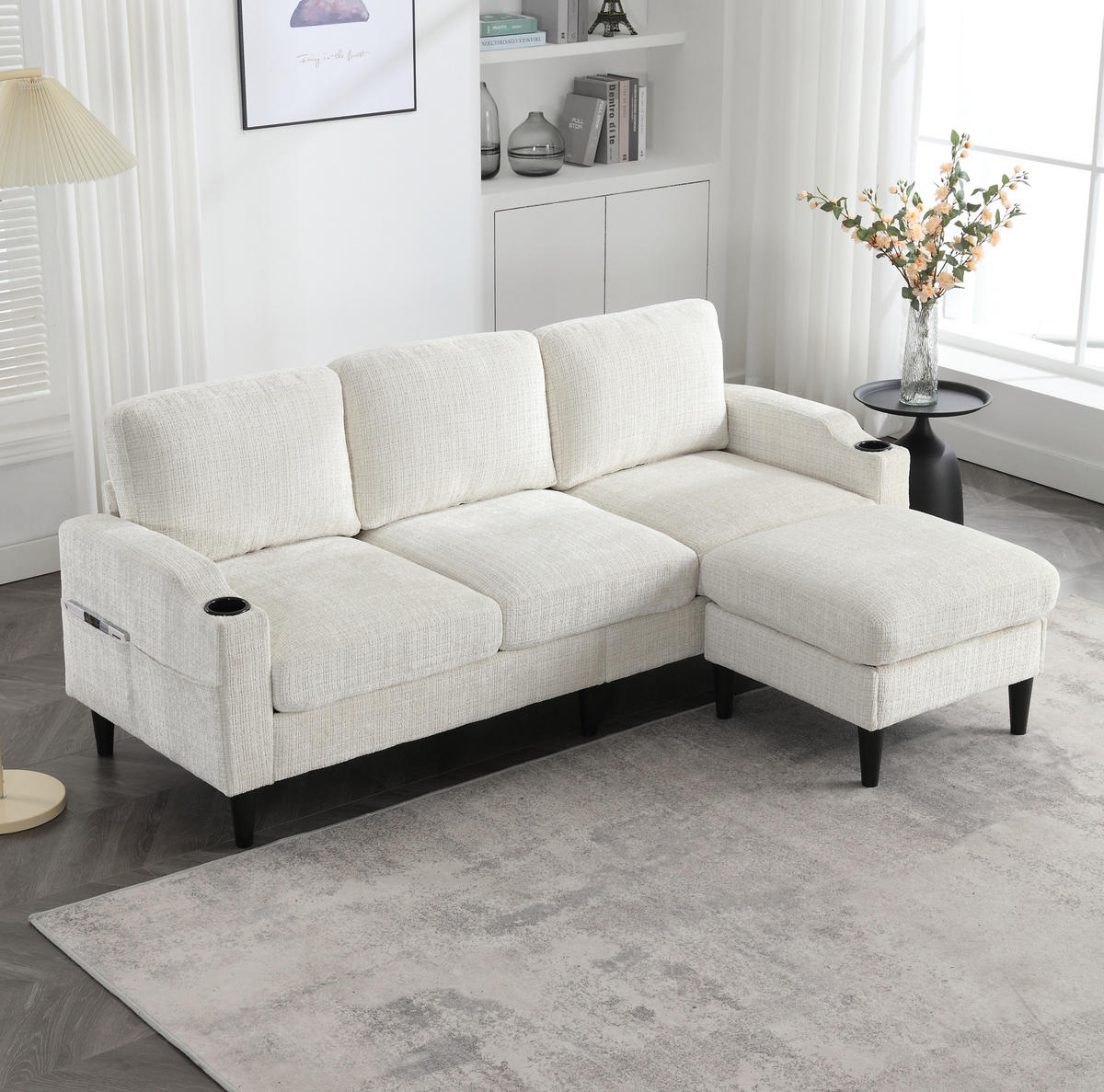 SOFA 4-Sitzer mit Hocker und Stauraum 196,5 x 75 x 77 cm Beige - Beige, Kunststoff (196.5/77/75cm) - Meubliv