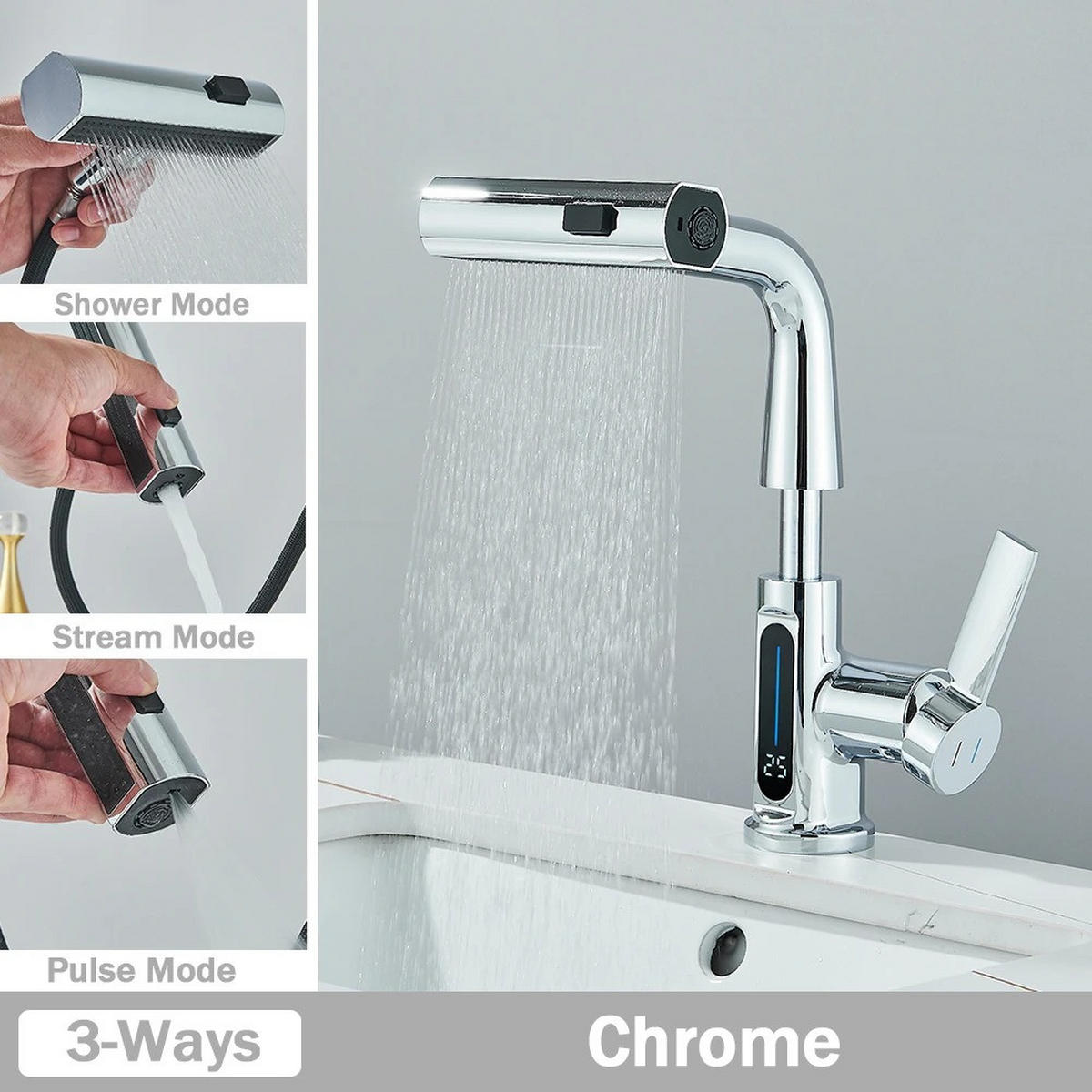 WASCHTISCHARMATUR Digitalanzeige, Herausziehen 3-Wege-Düse Niederschlag Stream, Chrom - Chromfarben, Metall (14/23/5.5cm) - Kaket