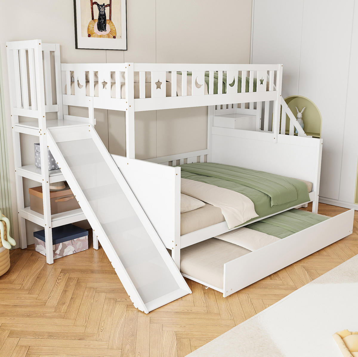 ETAGENBETT 90/200 cm und 140/200 cm Weiß mit Sicherheitsrutsche und Regal - Weiß, Holz (90/200cm) - OKWISH