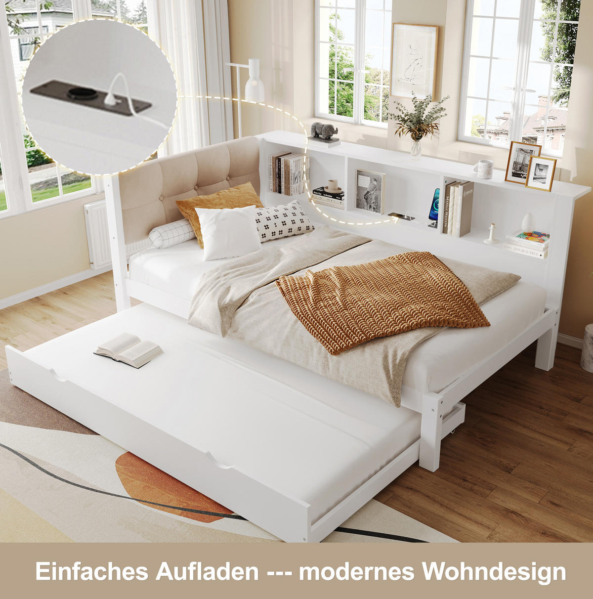 POLSTERBETT 90/200 cm Weiß aus Kiefernholz mit Ausziehbett - Weiß, Holz (90/200cm) - OKMYHOME