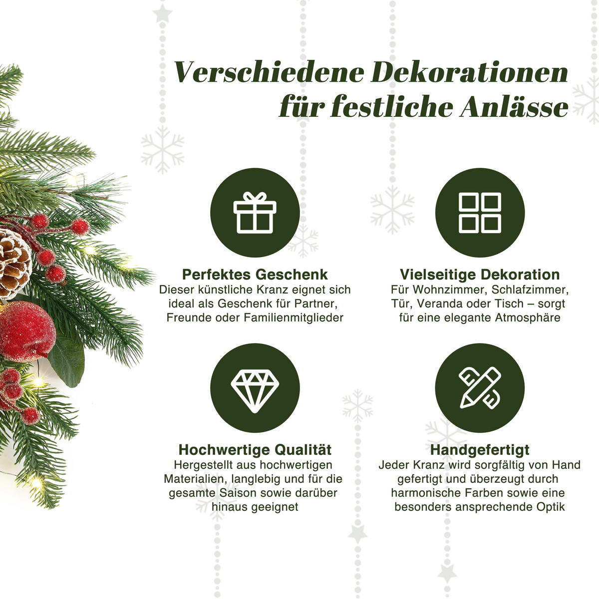 RUSTIKALER Weihnachtskranz Ø40cm mit Äpfeln, LEDs,Timerfunktion - Dunkelgrün, Naturmaterialien (40cm) - Hometopia