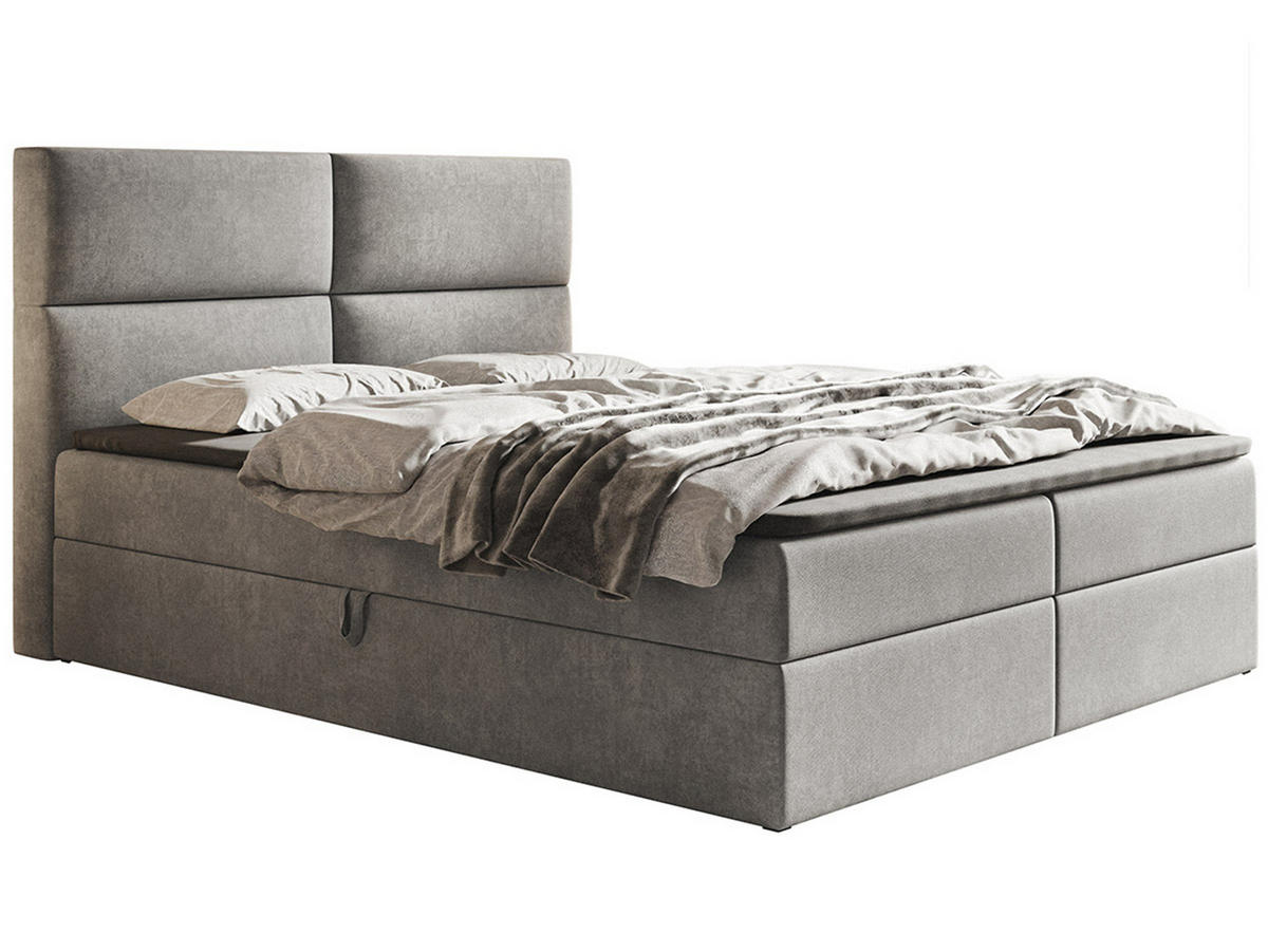 BOXBETT Bonio III 160/200 cm in Hellgrau – mit Bettkasten und Topper - Hellgrau/Schwarz, Holz/Holzwerkstoff (160/200cm) - AX Living