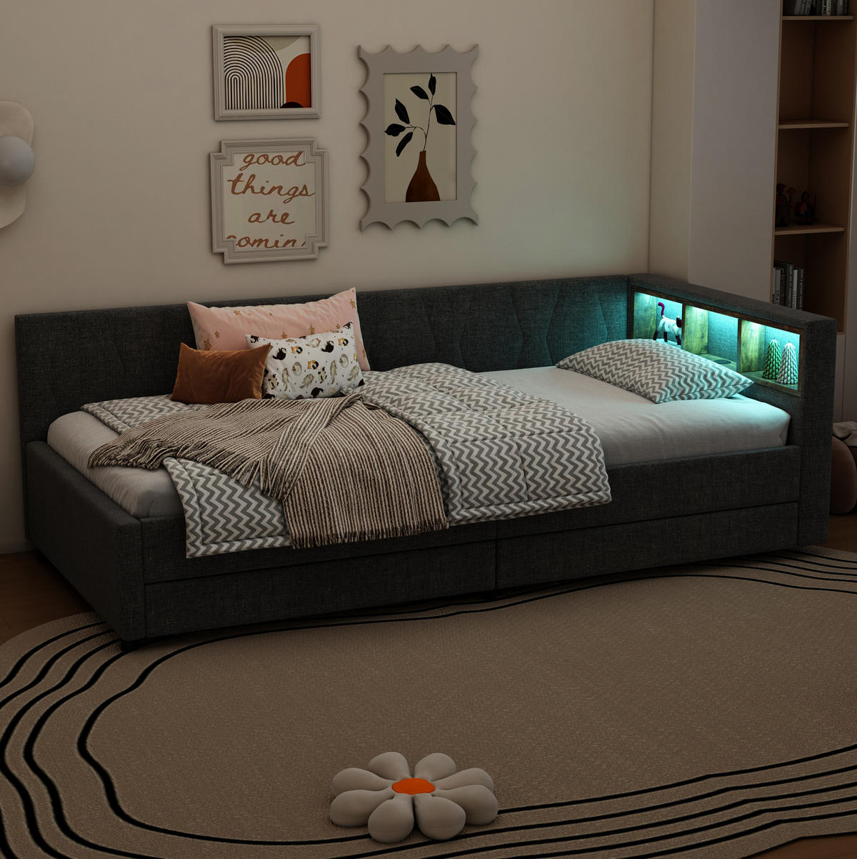POLSTERBETT 90/200 cm mit Schubladen, LED und USB- und Type-C-Anschlüssen - Grau, Textil (90/200cm) - Flora Grace