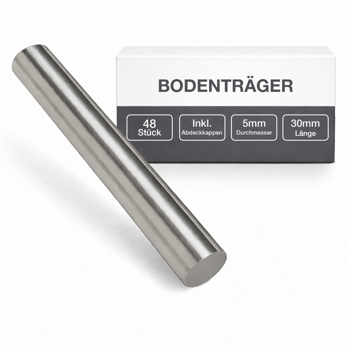 BODENTRÄGER 5x30 mm inkl Abdeckkappen für Glas und Holz - Silberfarben, Metall (0.3/0.5/1cm) - K-Möbel