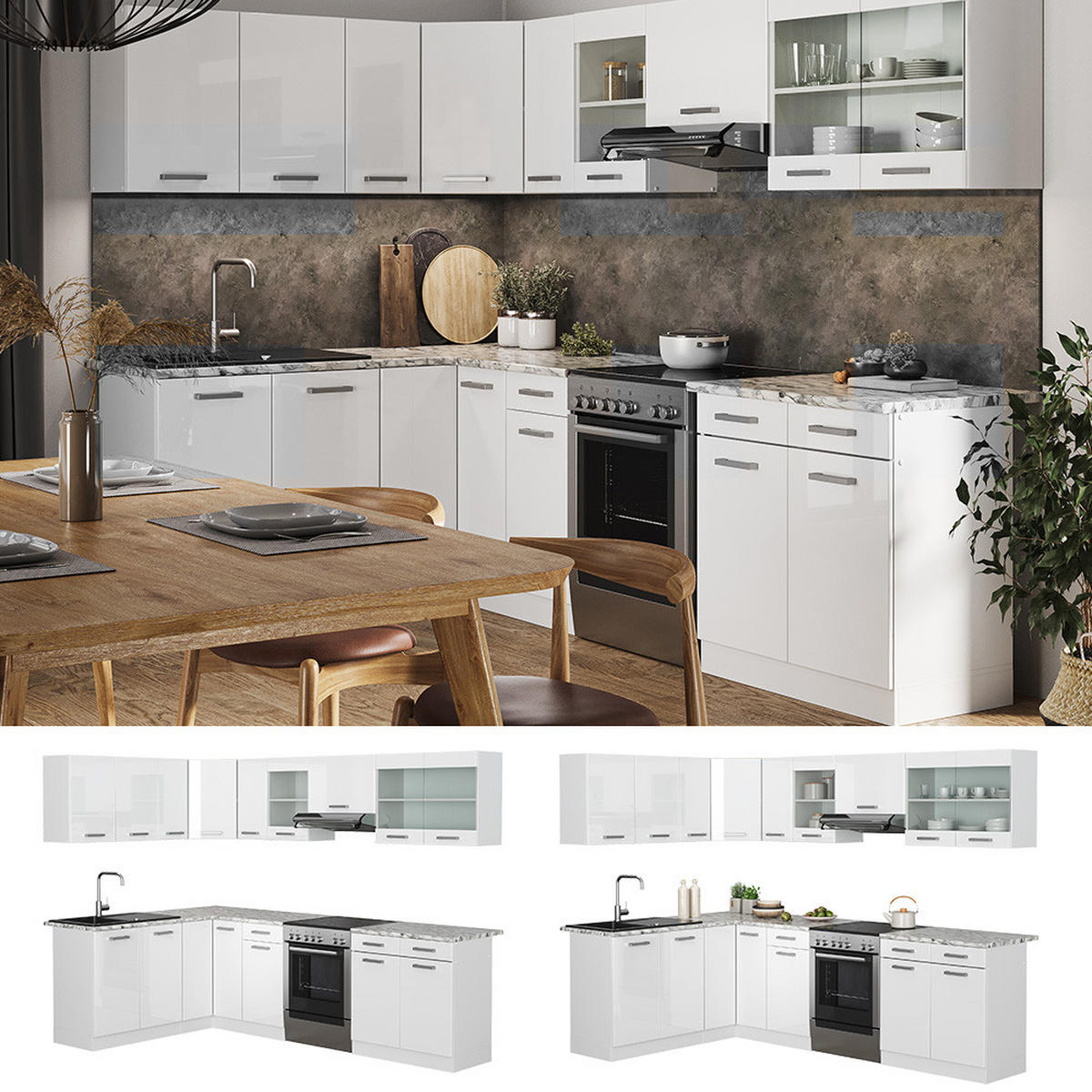 ECKKÜCHE Rick Weiß/Weiß Hochglanz 267 x 167 cm , AP Marmor mit LED-Leisten - Weiß Hochglanz/Weiß, Holzwerkstoff (270/81.6/60cm) - Vicco