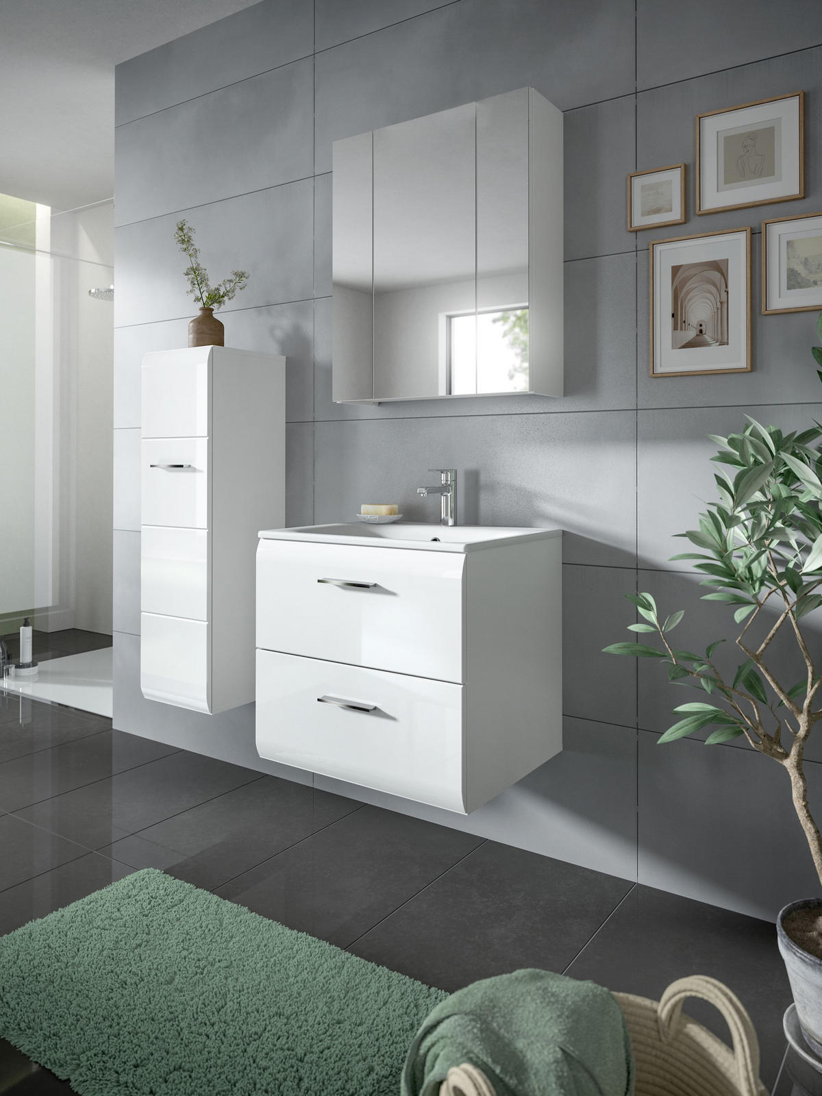 BADEZIMMER 3 tlg. Alba Bad in weiß und weiß hochglanz B/H/T: 105x185x46 cm - Weiß, Holz (105/185/46cm)