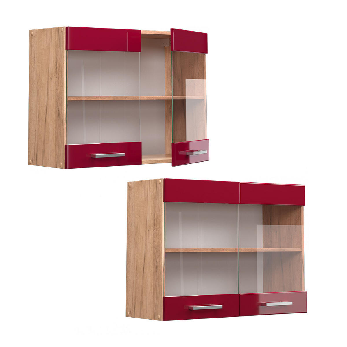 KÜCHENGLASSCHRANK R-Line Rot Hochglanz 80 cm - Honigeiche/Eiche Wotan, Holzwerkstoff (80/60/31cm) - Vicco