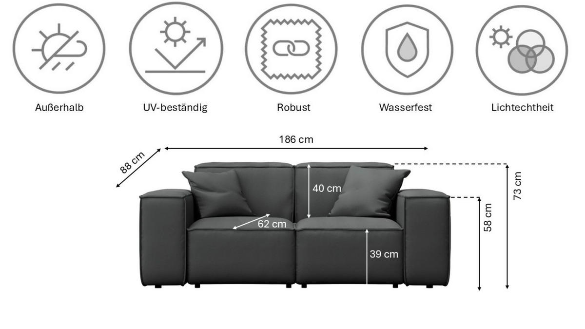 GARTENSOFA Gartenmöbel MALIBU 2 Sitzer Stoff Odyssey Anthrazit - Anthrazit, Holz (186/73/88cm) - Kaiser Möbel