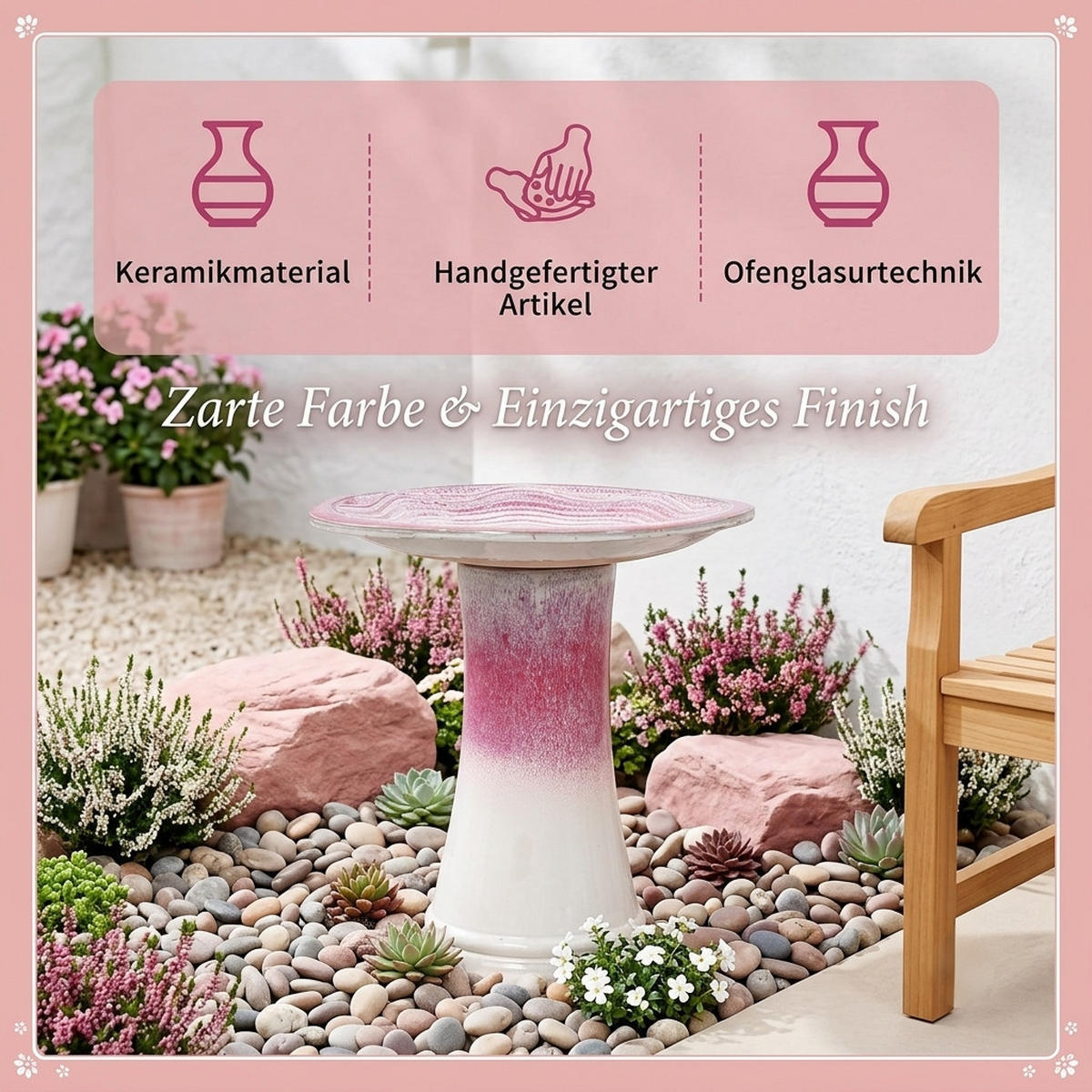 VOGELBAD mit Standfuß, Keramik Ø43/45H cm, Wetterfest, Rosa-Weiß - Pink, Keramik (43/45/43cm) - LVHOM