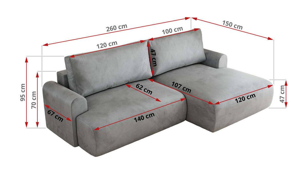 ECKSCHLAFSOFA TONO L Hellgrau Velvet - links - Hellgrau/Schwarz, Kunststoff/Textil (260/150cm) - MKS