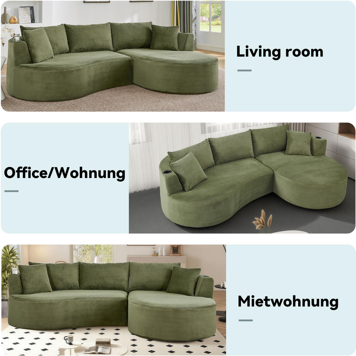 ECKSOFA 264/168/76 cm Grün mit Getränkehalter (Rechte Seite) - Grün, Textil (264/168cm) - Oxeza