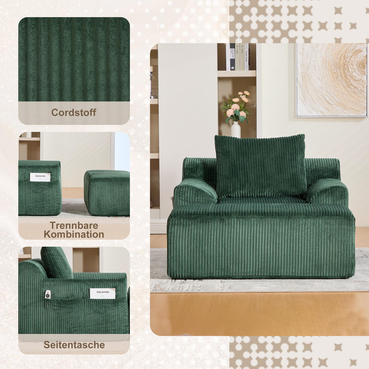 SESSEL mit Hocker in Cord Übergroßer Relaxsessel - Grün, Textil (147/67/110cm) - Urban Meuble