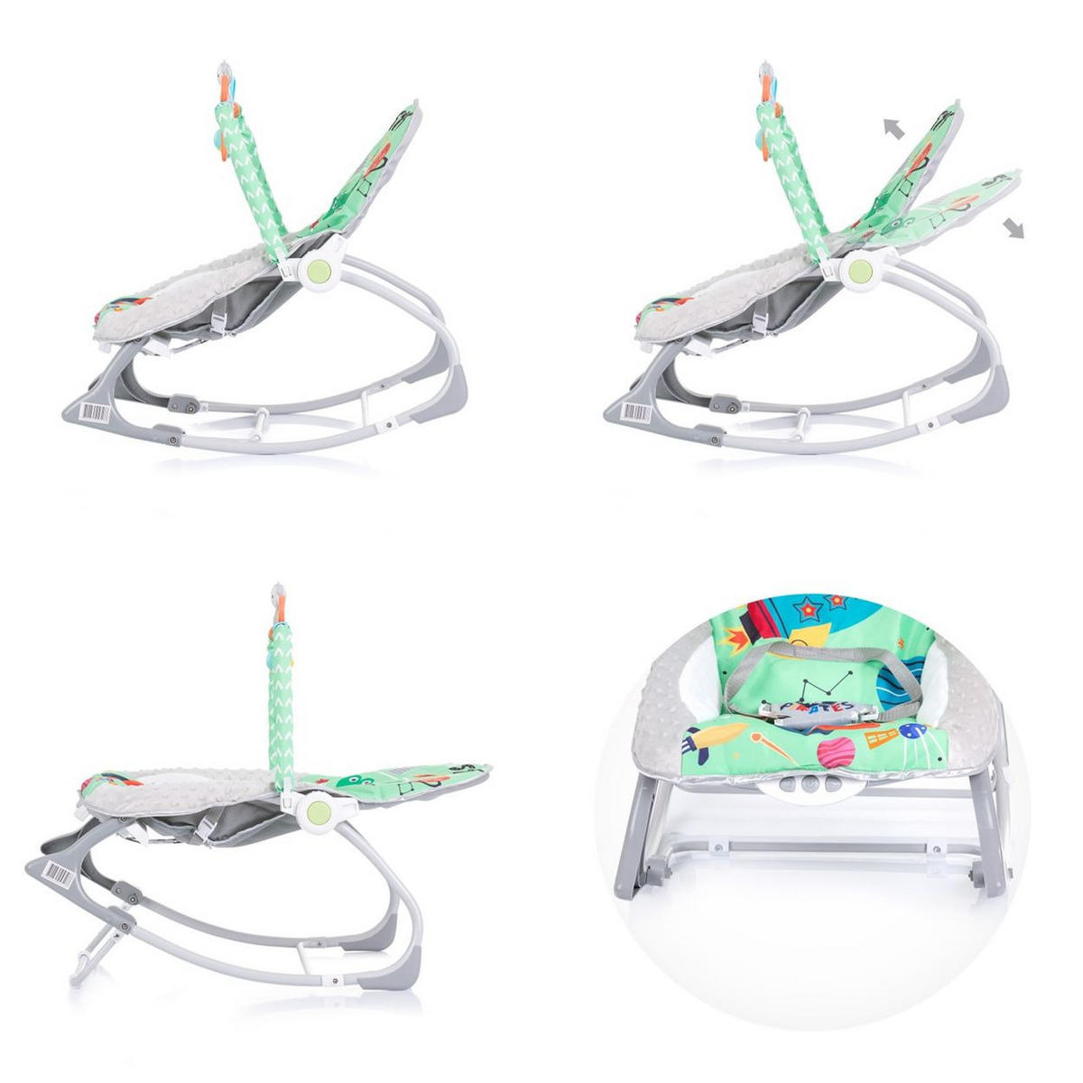 BABYWIPPE Baby Spa 2 in 1 grün Musikfunktion, Vibration, Spielbogen, 3-Punkt-Gurt, Kinderstuhl - Grün, Metall - Chipolino