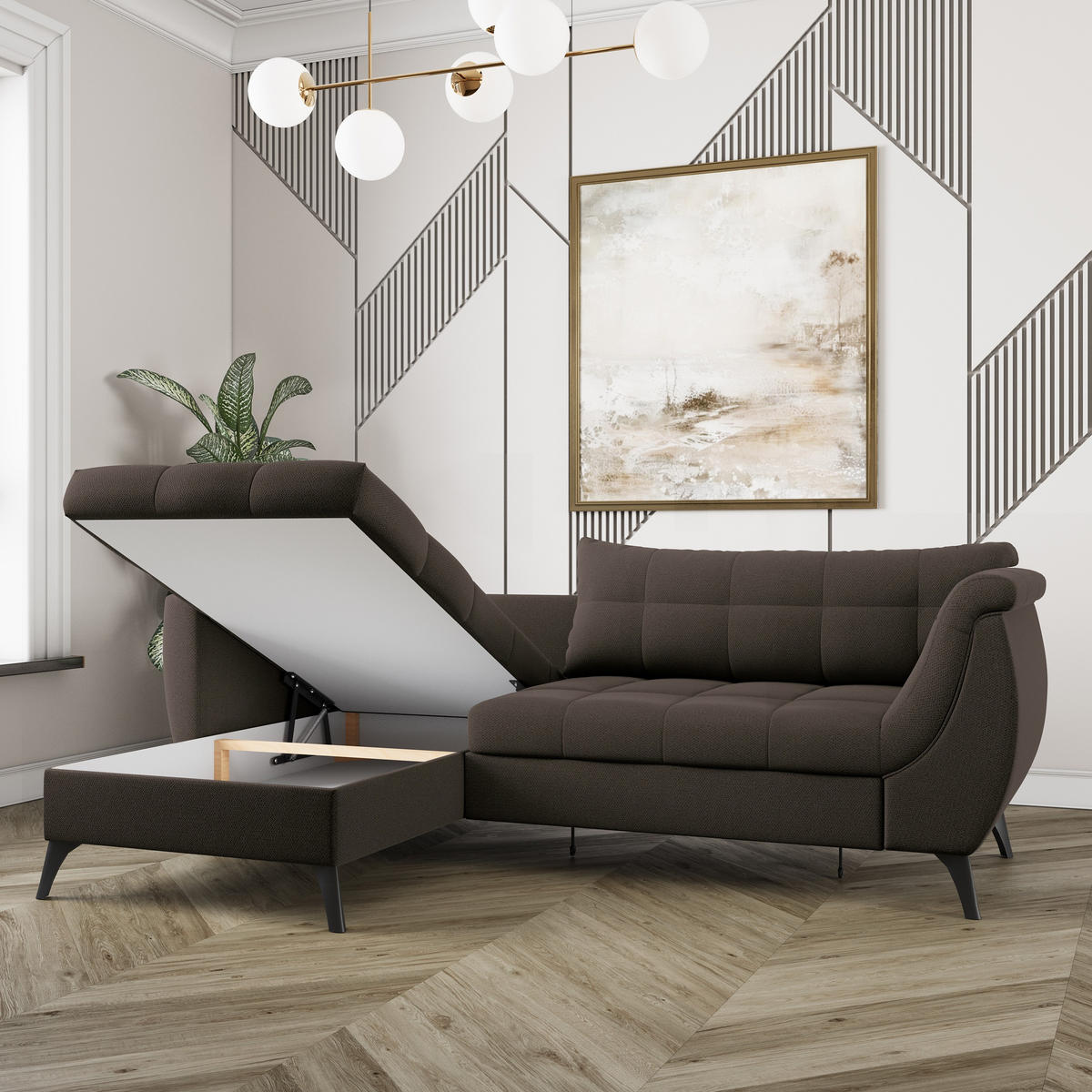 ECKSOFA MOLLIS Braun Geflochtener-Stoff mit Schlaffunktion - Braun, Holz (241/154cm) - MASSENO