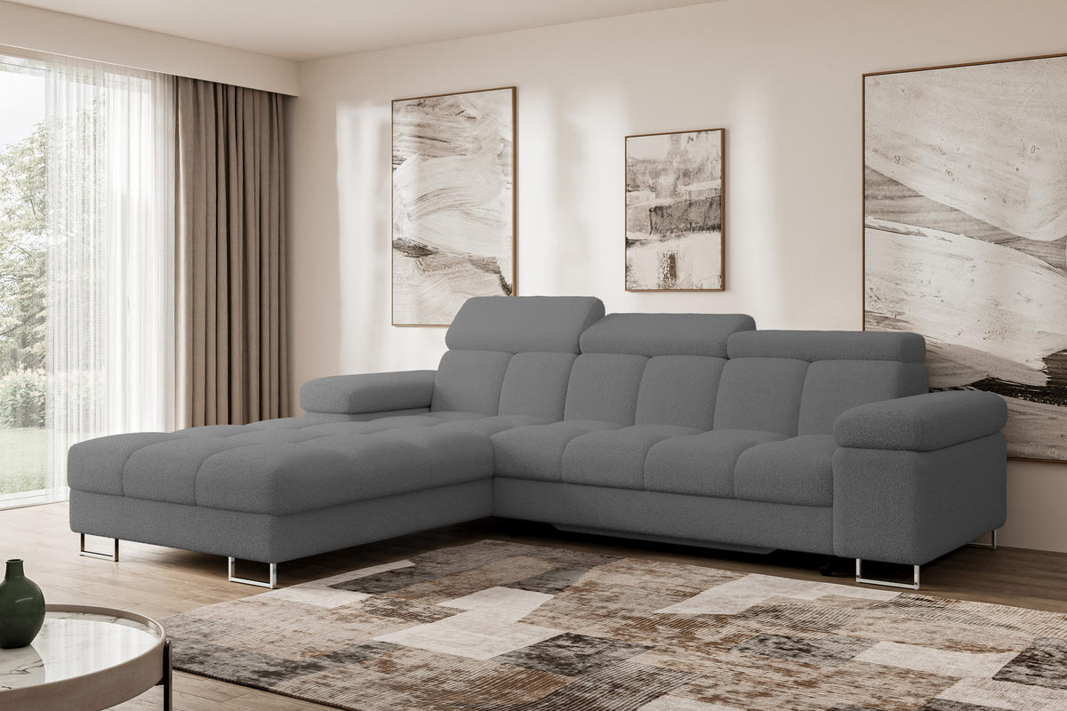 ECKSOFA mit Schlaffunktion Ottomane Links COMA L 271x203x79 Grau Bouclé - Chromfarben, Holzwerkstoff/Textil (271/203cm) - ALTDECOR