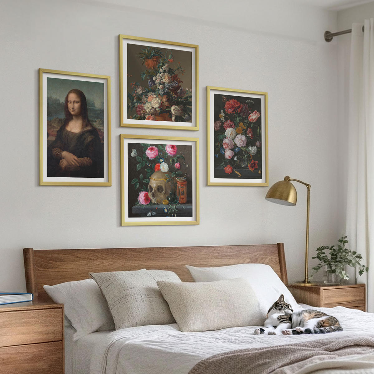 BILDER SET 4er Set - 50x50 cm & 40x60 cm Goldrahmen - Vintage Blumen Totenkopf Mona Lisa - Goldfarben, Kunststoff (50/50cm) - TULUP
