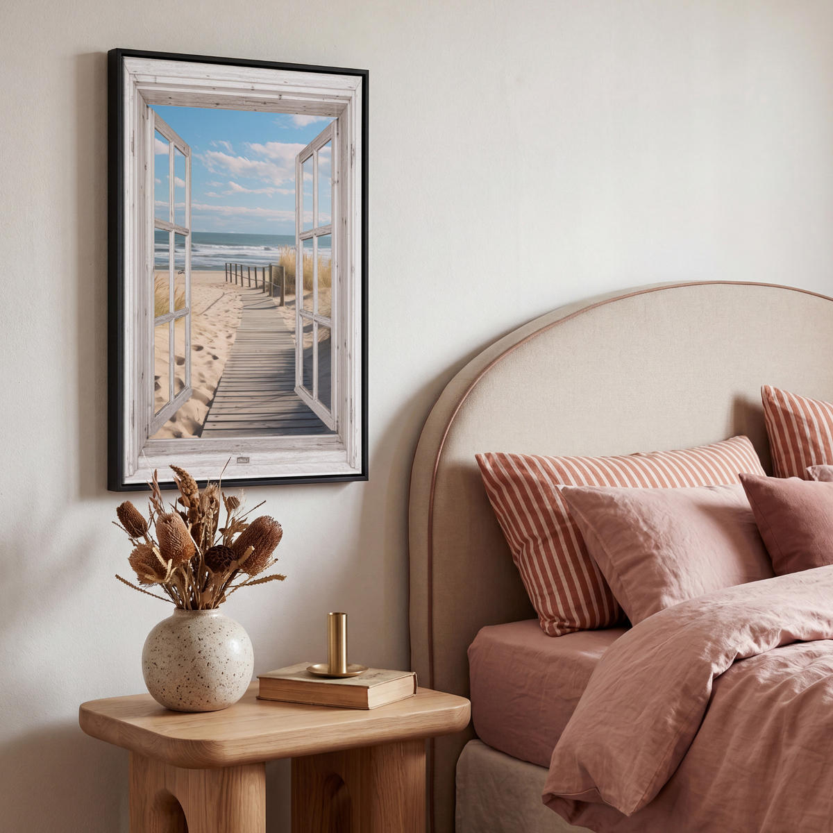LEINWAND Bilder mit Rahmen - Fenster - Meer - Küste - Natur - Ausblick - Strand - Wattenmeer - 40x60 - Beige, Textil (40/60cm) - MuchoWow