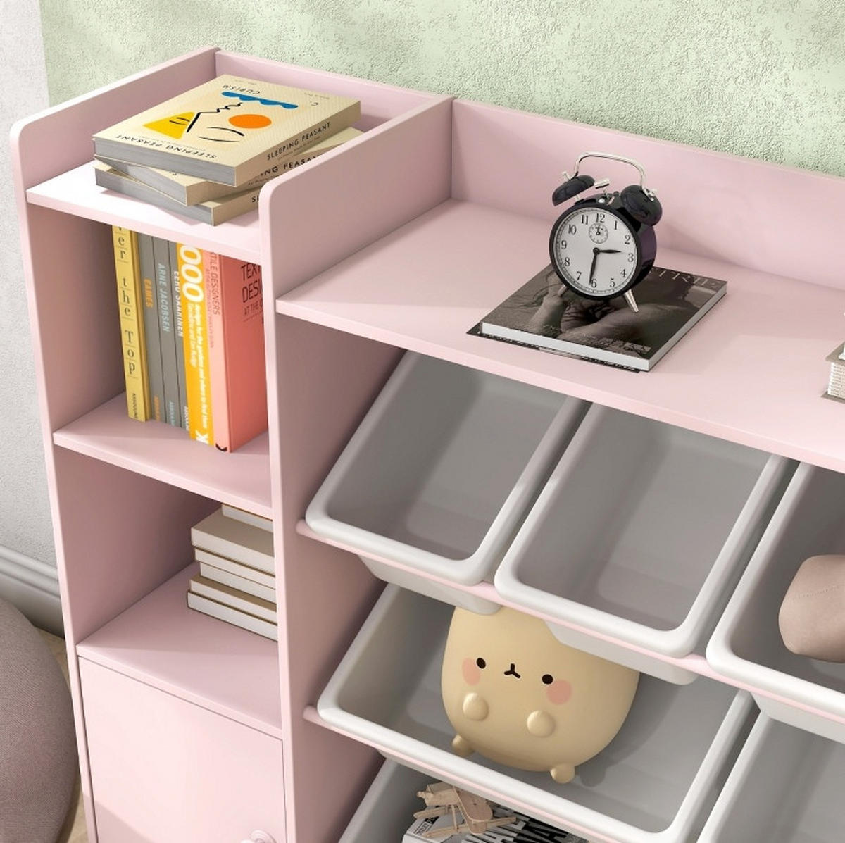 KINDERREGAL 140/30/90 cm rosa aus MDF und Metall mit Boxen - Pink, Holz (140/90/30cm) - OKWISH