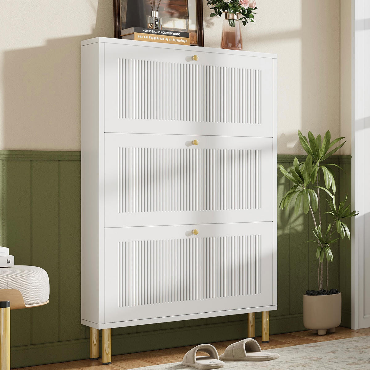 SCHUHSCHRANK Weiß 3 Klappen 6 Fächer schmal 73x23x125cm - Weiß, Holzwerkstoff (25/125/73cm) - FLIEKS