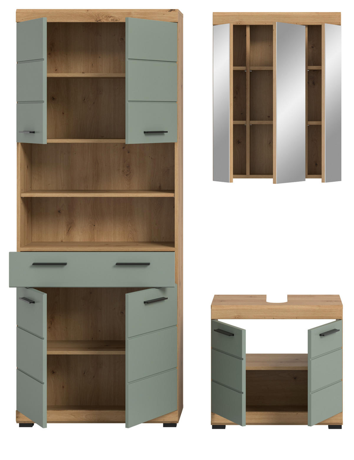 BADMÖBEL-SET Salbei grün, Artisan Eiche 3-teilig 149 cm, Badschränke mit viel Stauraum - Schwarz/Eiche Artisan, Glas/Holzwerkstoff (149/191/34cm) - Inn.Furn