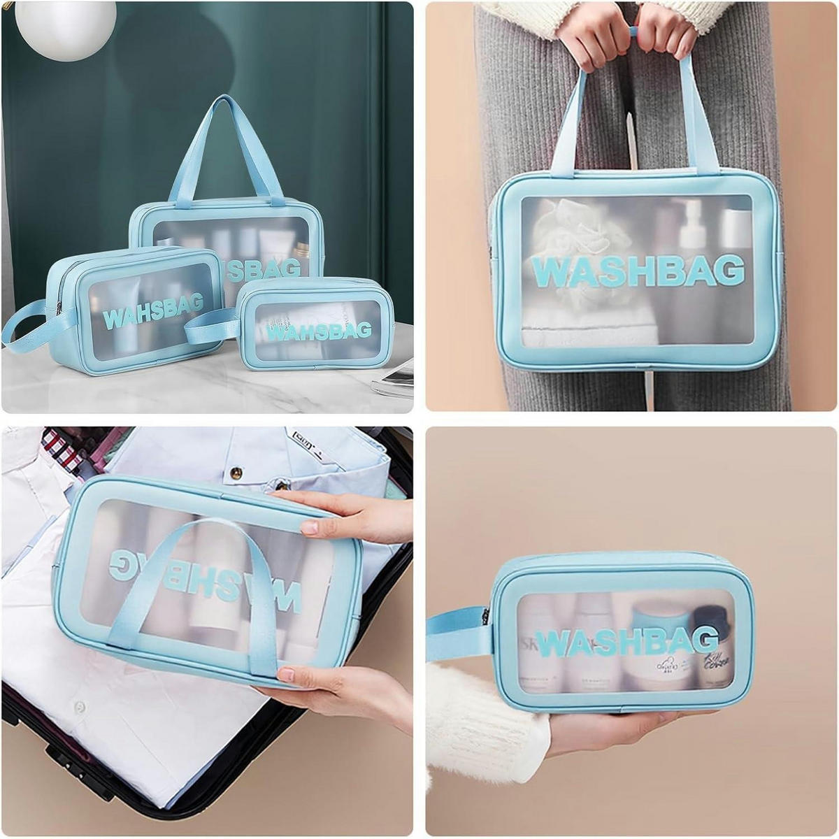 KULTURBEUTEL Set 3-teilig Transparent Blau - Blau, Kunststoff (10/21/30cm)