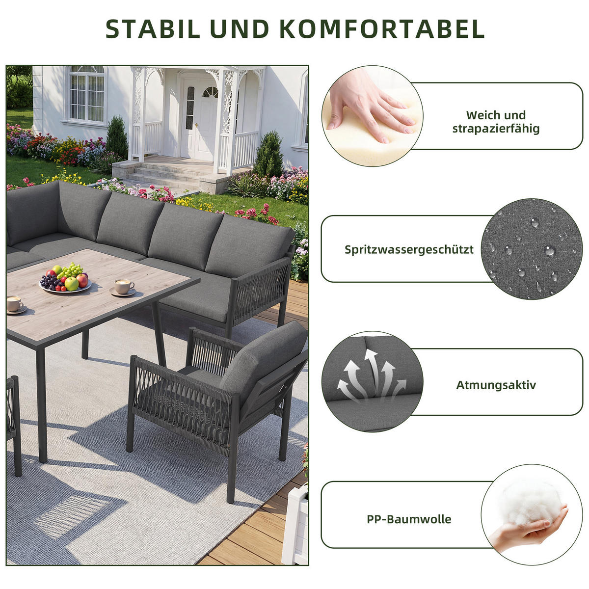 GARTENLOUNGE Grau 7-8 Personen L-Form Sofa Tisch 2 Sessel - Grau, Metall - FLIEKS