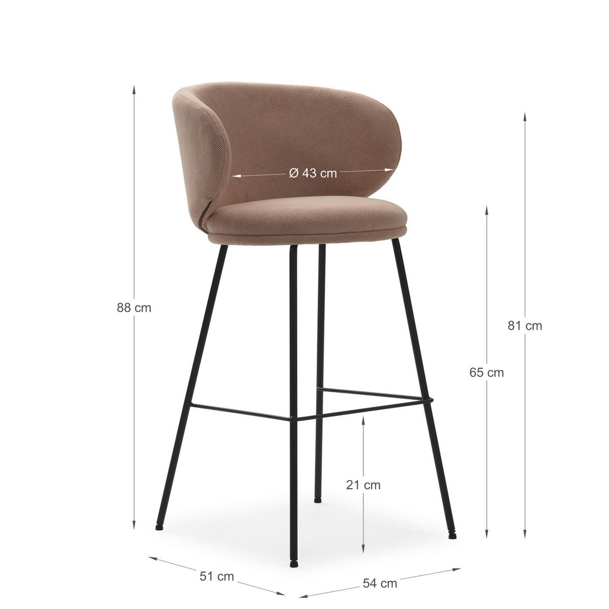 BARHOCKER (Set aus 2) aus Stoff mit schwarzen Metallbeinen - rush 56/53/65 cm - Pink, Textil (53/65/56cm) - Drawer