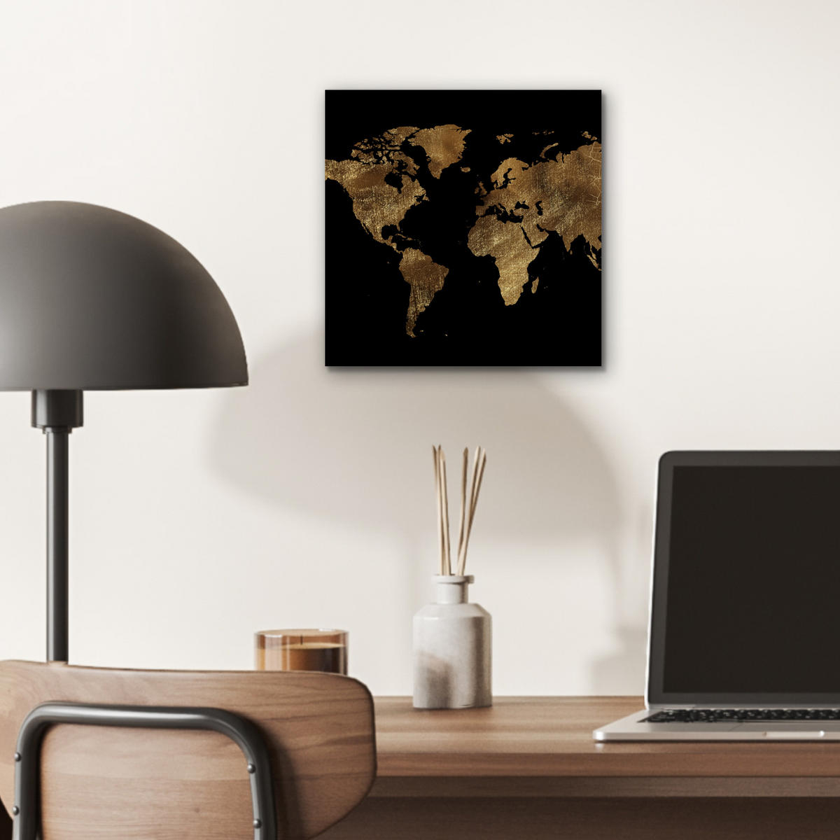 KOVOVÝ OBRAZ Mapa sveta - Zlato - Luxus - Zem - Čierna 20x20 cm - zlatá, kov (20/20cm) - MuchoWow