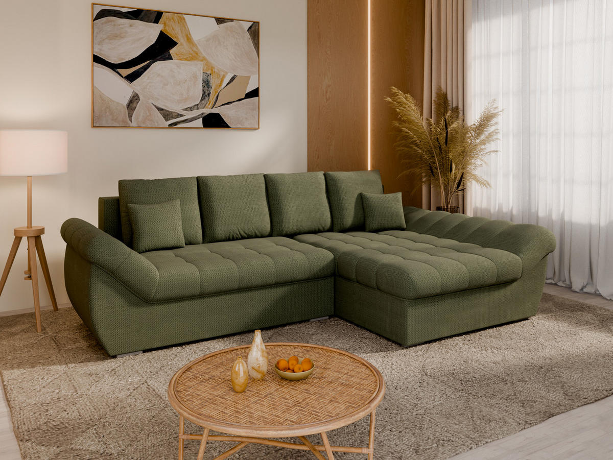 ECKSOFA ZAYA mit Schlaffunktion L-Form, Sofa mit Bettkasten, Wohnzimmersofa, Couch, Soffa, Bettsofa, RECHTS-Grün - Grün, Holz (279/175cm) - Homesy