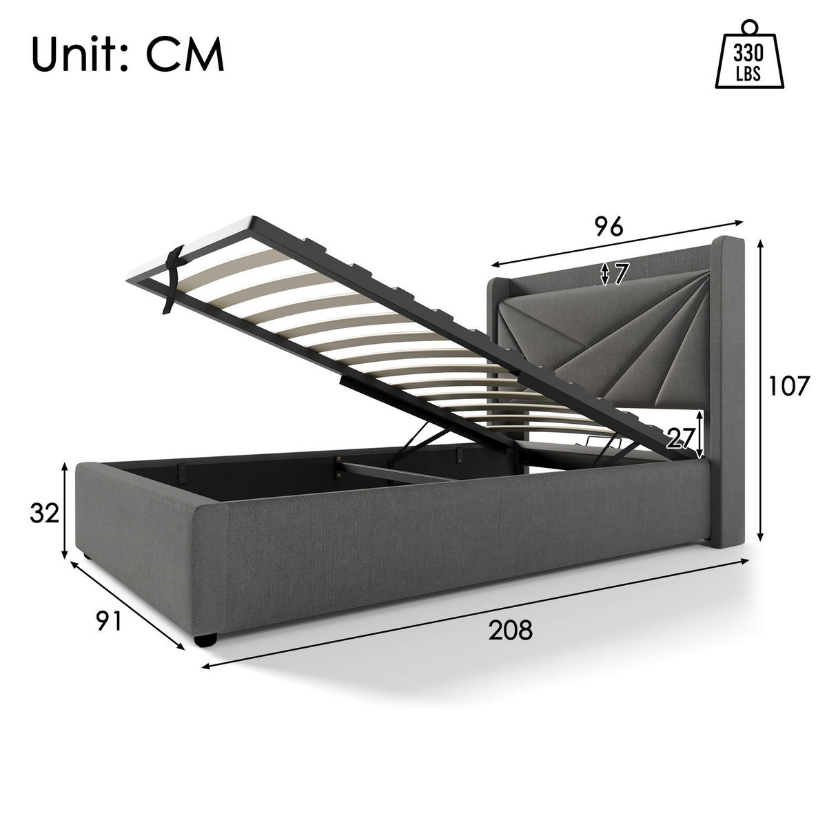 BETT mit Bettkasten und USB/Typ-C 90x200 cm Baumwoll-Leinen Grau inkl. Matratze - Grau, Metall (90/200cm) - Meubliv