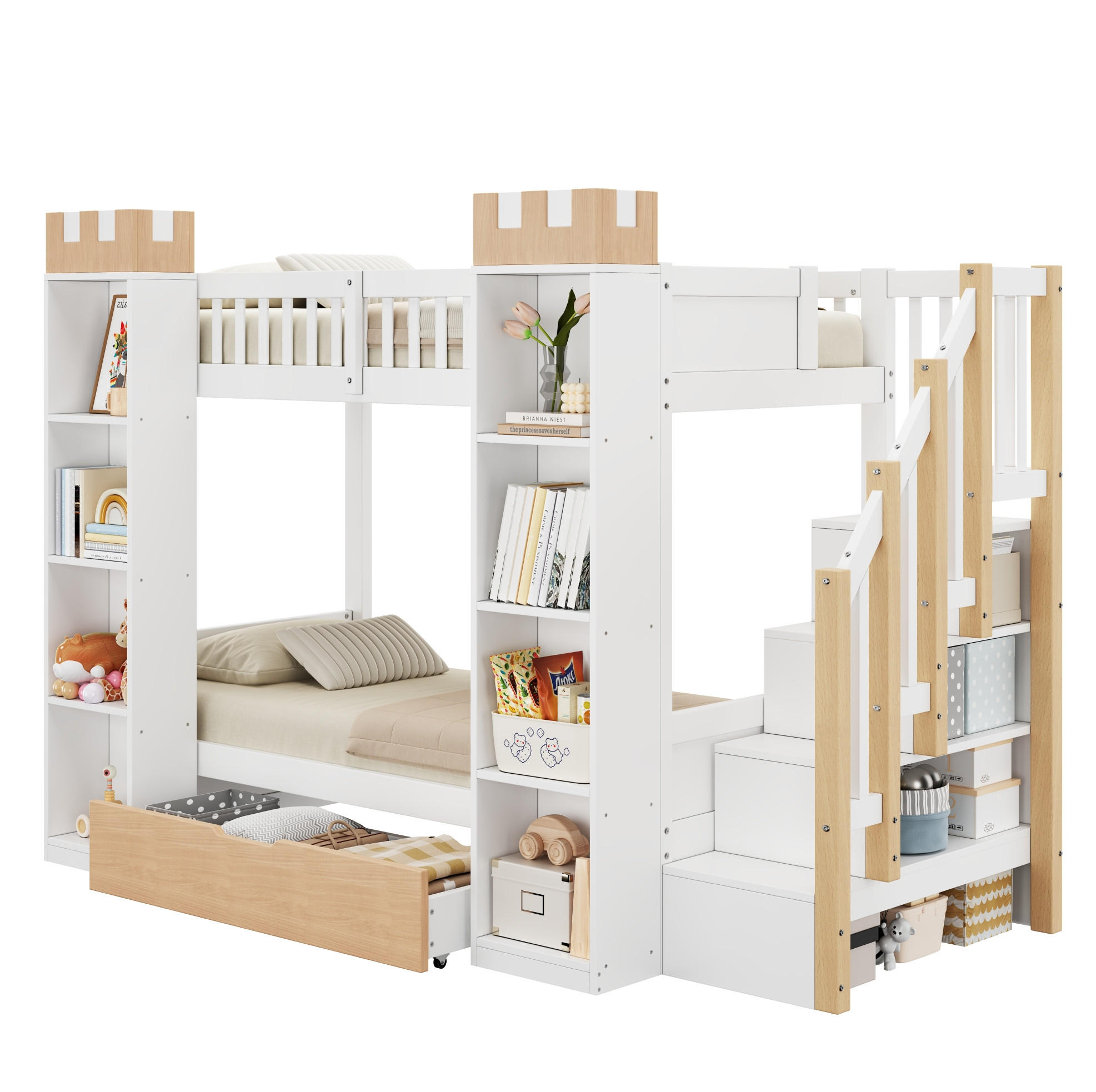 ETAGENBETT aus Kiefernholz 90x200 cm Weiß mit Stauraumtreppe und Schubladen - Weiß, Holz (90/200cm) - Modfu