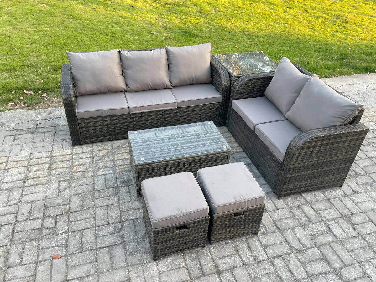 GARTENMÖBELSET mit Couchtisch Polyrattan 7-Sitzer - Dunkelgrau/Grau, Glas/Kunststoff - Fimous