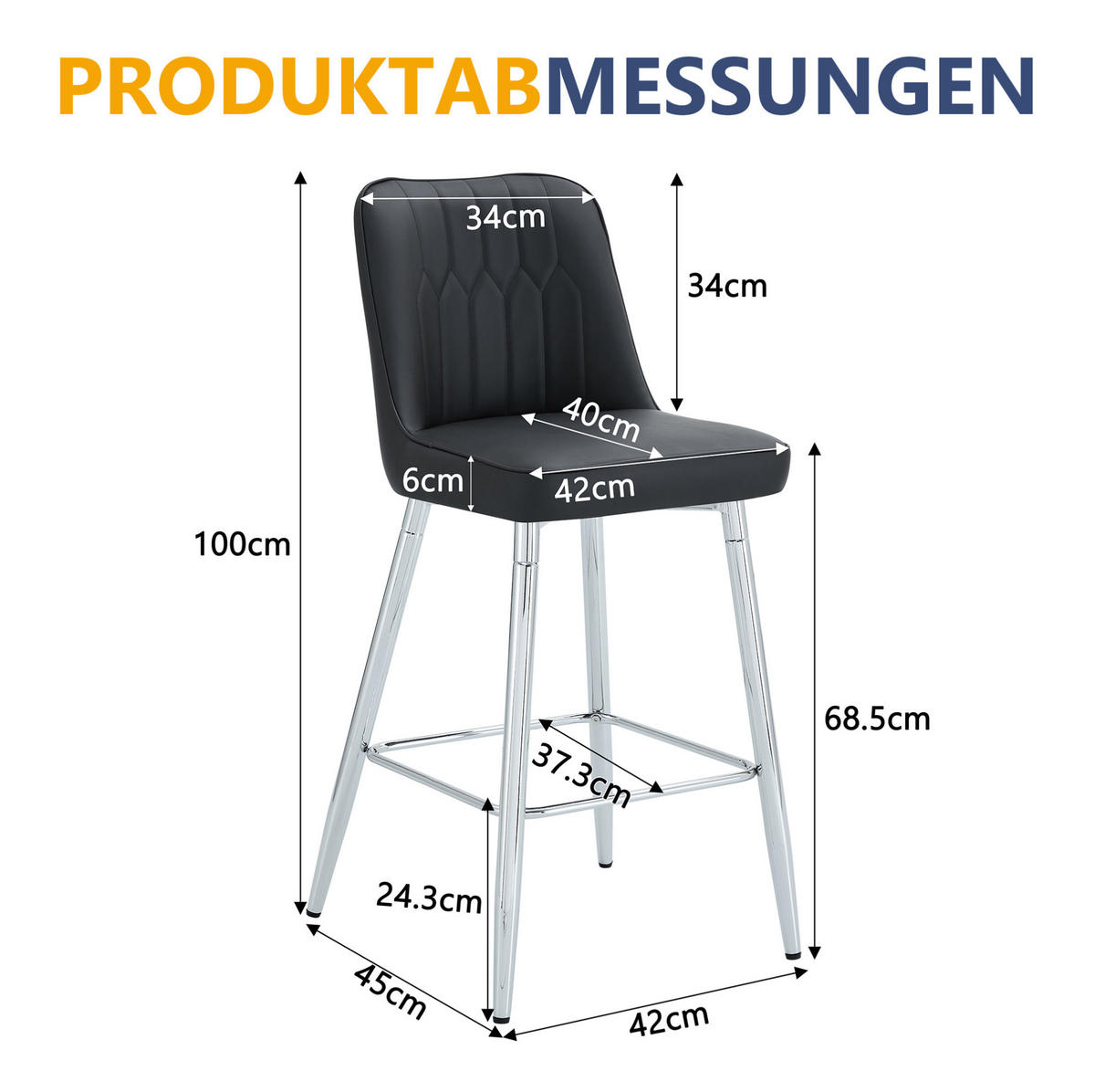 BARHOCKER 2er-Set 100 cm PU-Leder Schwarz Silber - Silberfarben, Metall (45/100/42cm) - Meubliv