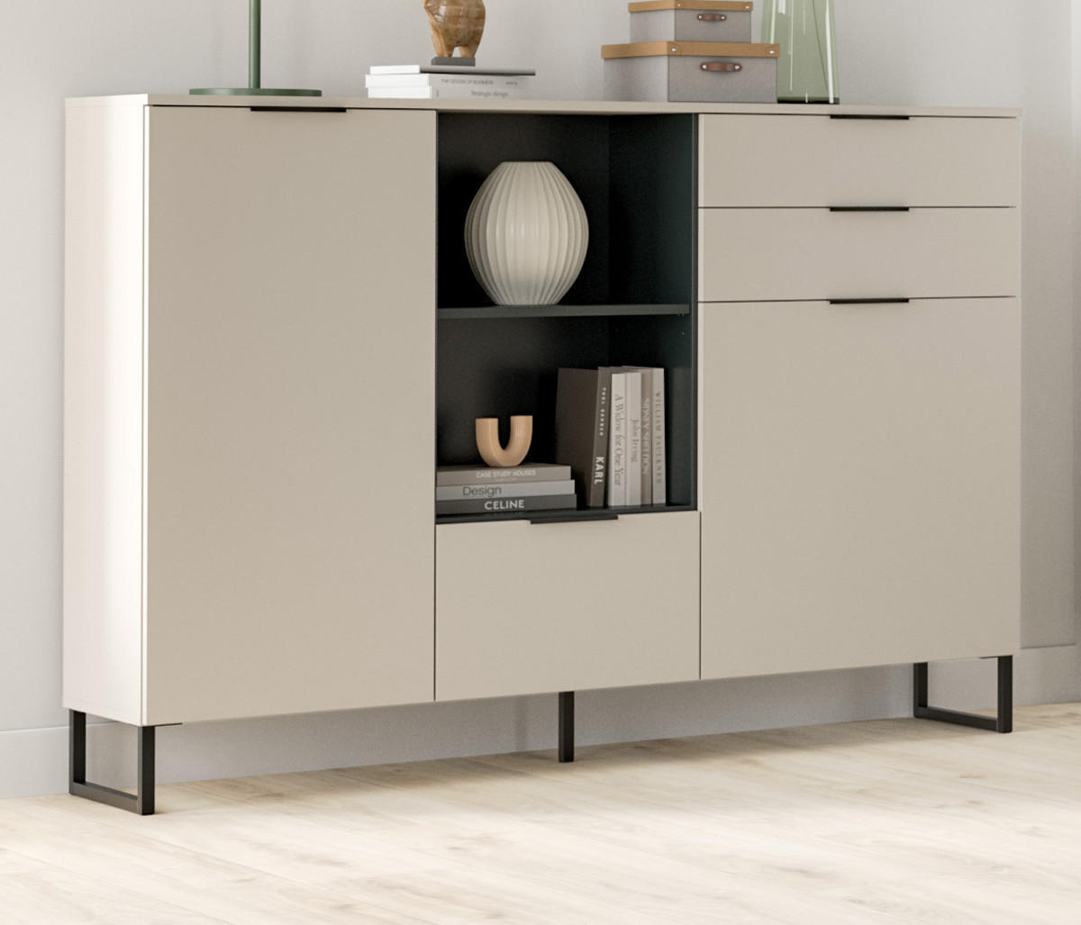HIGHBOARD Kaschmir, Schwarz 150 x 112 cm, Kommode mit Soft-Close - Kaschmir/Schwarz, Holzwerkstoff/Kunststoff (150/150/37cm) - Inn.Furn