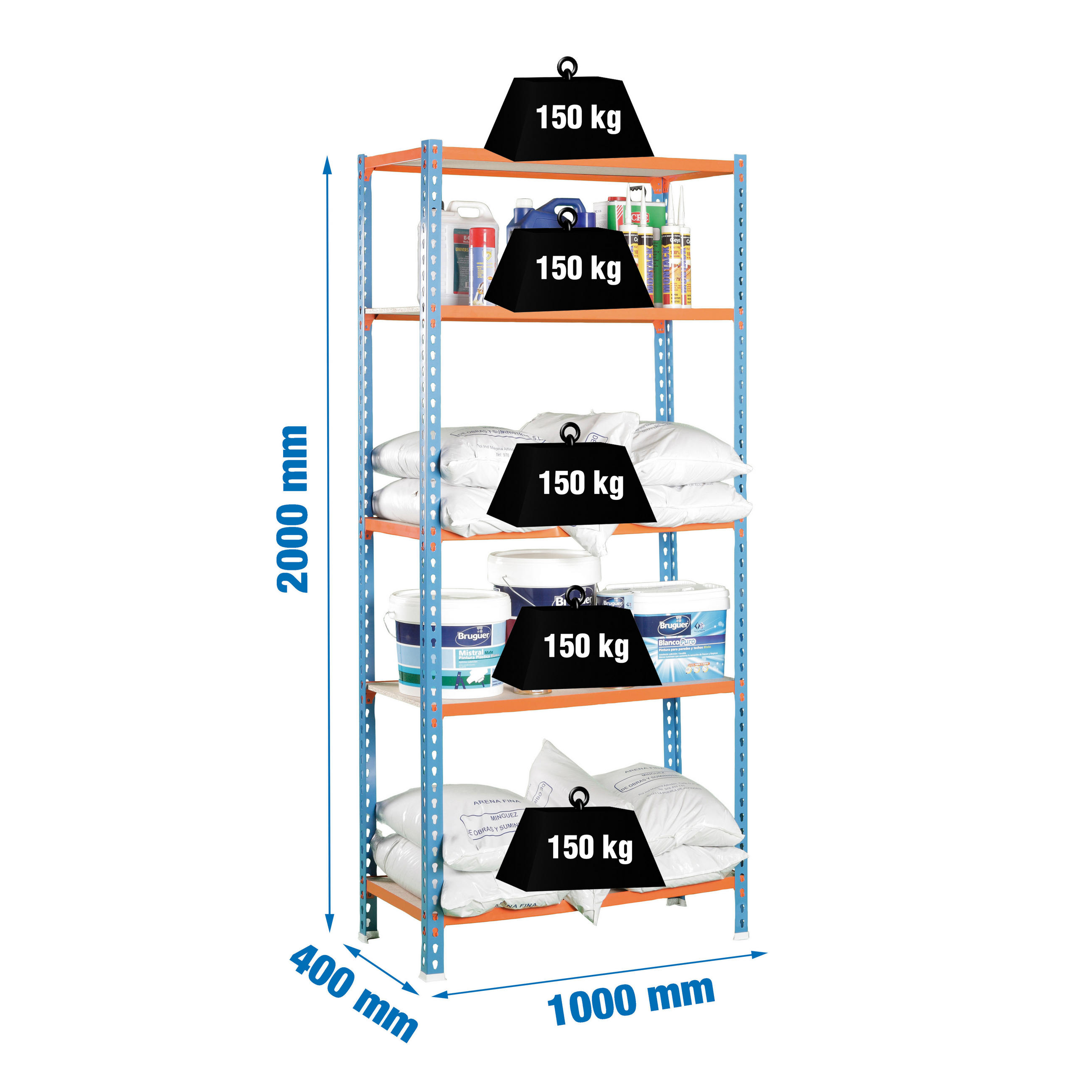 SCHWERLASTREGAL Big Muli HxBxT 200 x 100 x 40 cm 5 Fachböden Fachlast 150 kg Blau-Orange - Gelb, Metall (100/200/40cm) - PROREGAL