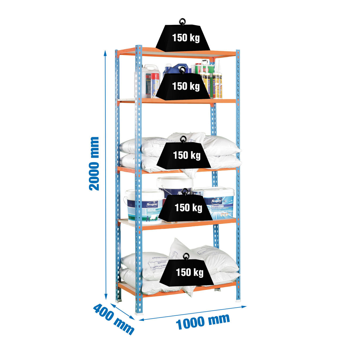 SCHWERLASTREGAL Big Muli HxBxT 200 x 100 x 40 cm 5 Fachböden Fachlast 150 kg Blau-Orange - Gelb, Metall (100/200/40cm) - PROREGAL