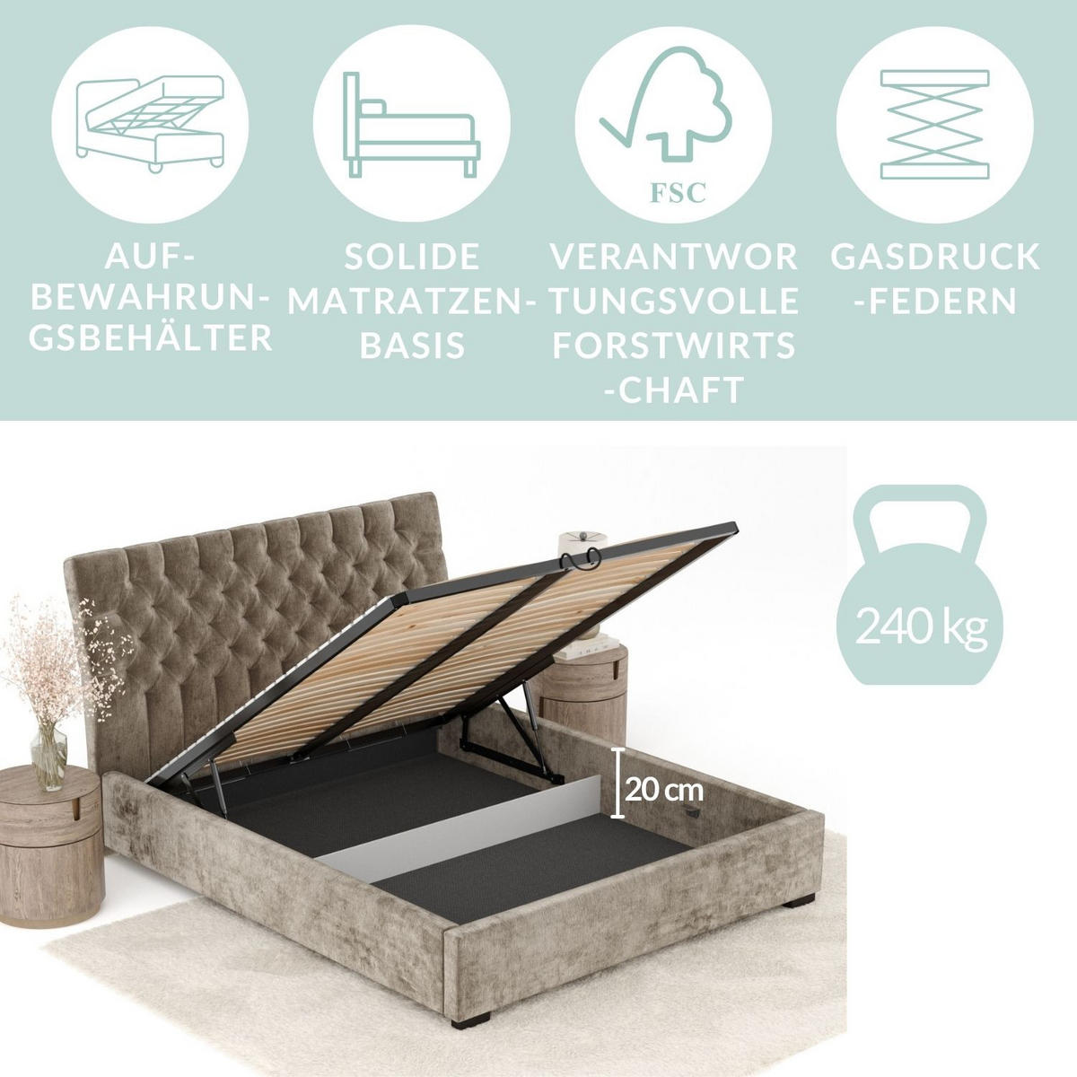 POLSTERBETT Vezzola Beige 160/200 cm im Chenille-Stoff - Beige/Schwarz, Holz/Holzwerkstoff (160/200cm) - Maison de Reve