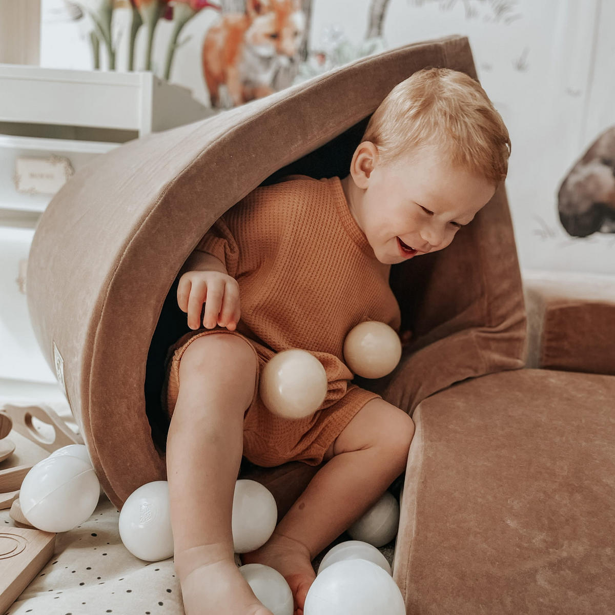 BÄLLEBAD klein mit Schaumstoff Bausteinen für Kinder, Samt, Ecru-Beige - Ecru/Beige, Textil (250/45/30cm) - MeowBaby