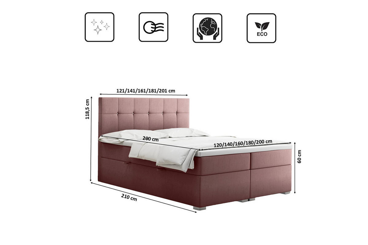 BOXBETT Mit Matratze Und Bettkasten LINDT Stoff Velvet 120x200 cm Rosa H3-Bonell - Rosa, Holz (120/200cm) - Kaiser Möbel