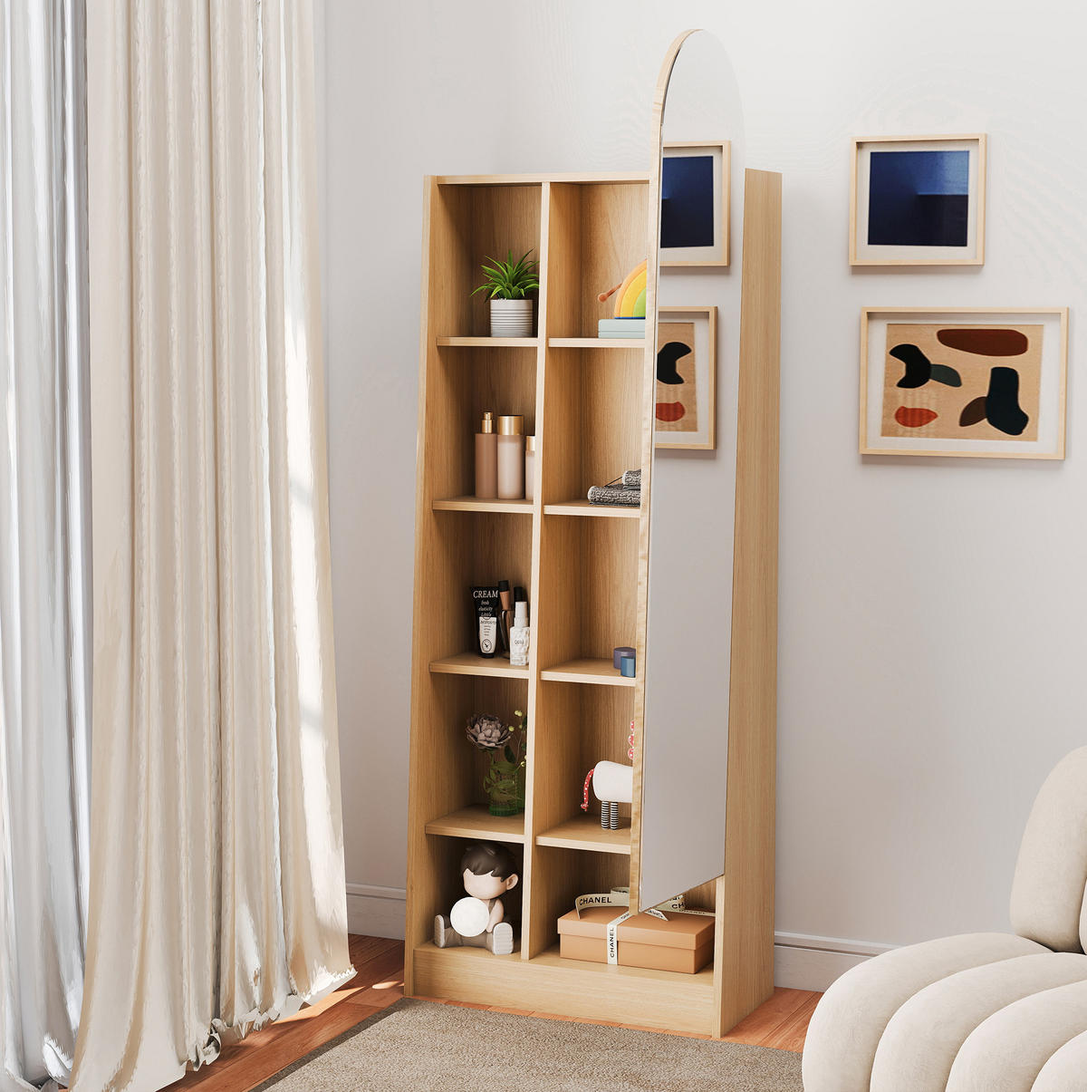HOCHSCHRANK 60/28/165 cm mit Spiegeltür, verstellbaren Einlegeböden und offenem Stauraum, Natur - Naturfarben, Holzwerkstoff (60/165/28cm) - Redom